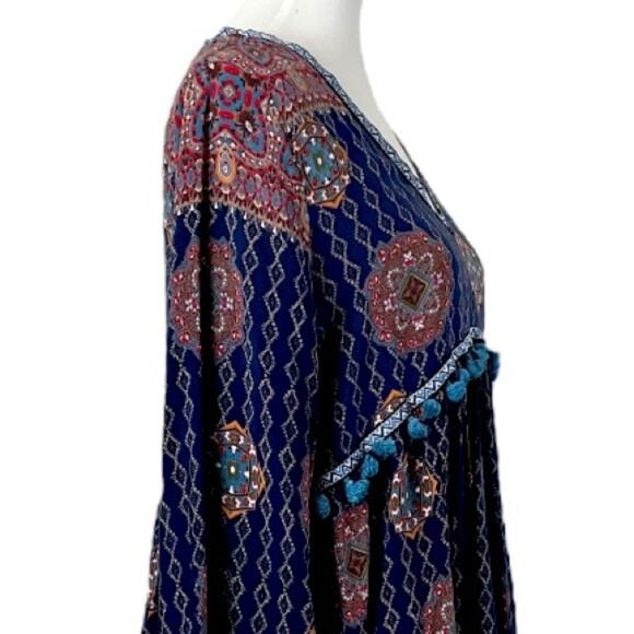 Artistic Works by Lu Boho Swing Dress V-neck Fringe Blue Multi Women’s Size XL - Picture 7 of 11